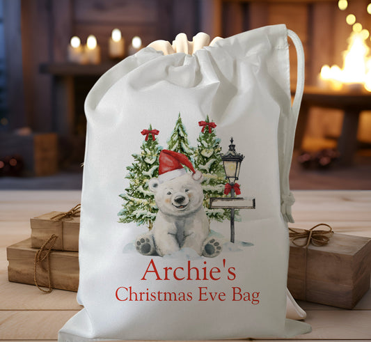 personalised christmas eve treat bag for pjs hot chocolate mug