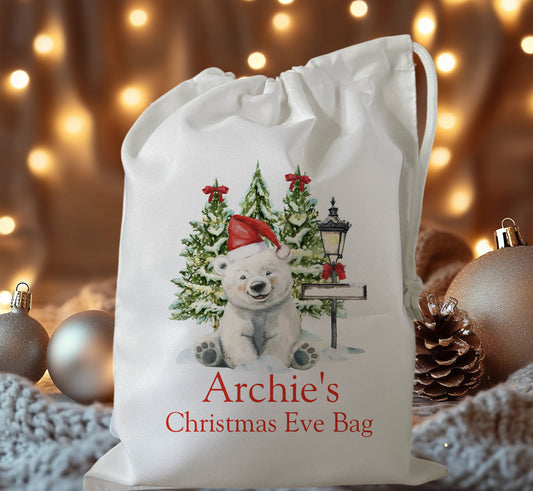 personalised christmas eve treat bag for pjs hot chocolate mug