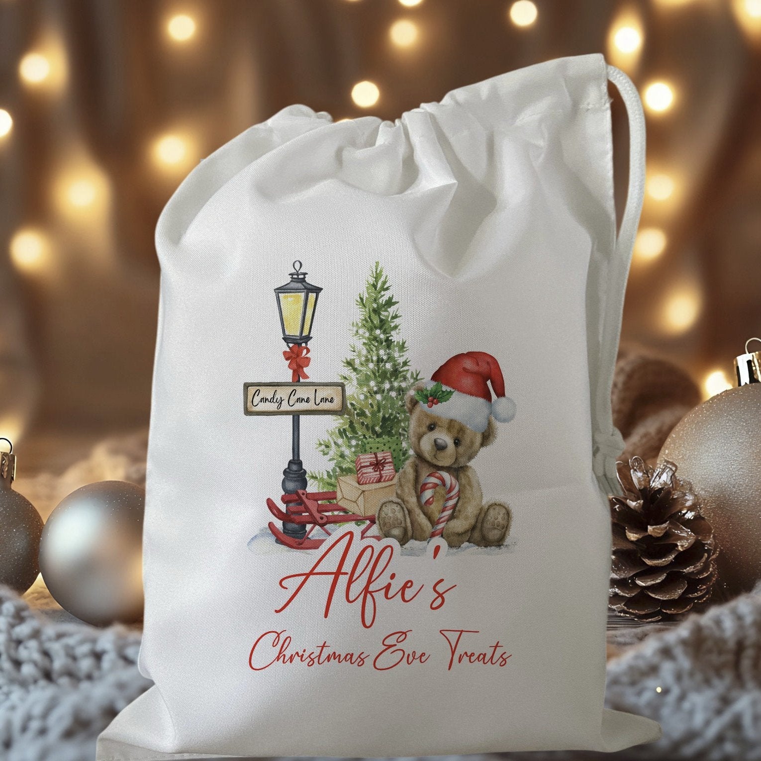 white drawstring personalised christmas eve treat bag for pjs, pyjamas, hot chocolate, treats and mug