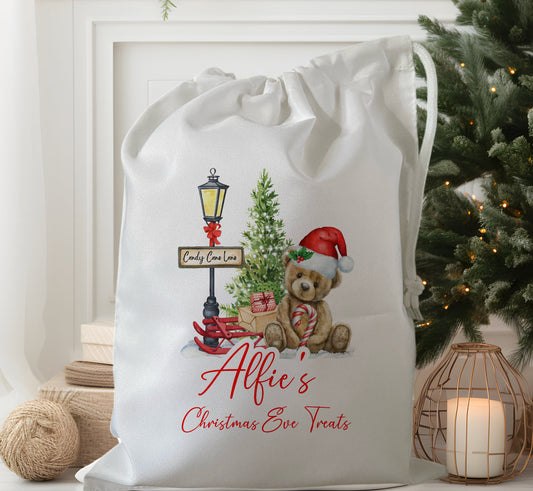 white drawstring personalised christmas eve treat bag for pjs, pyjamas, hot chocolate, treats and mug