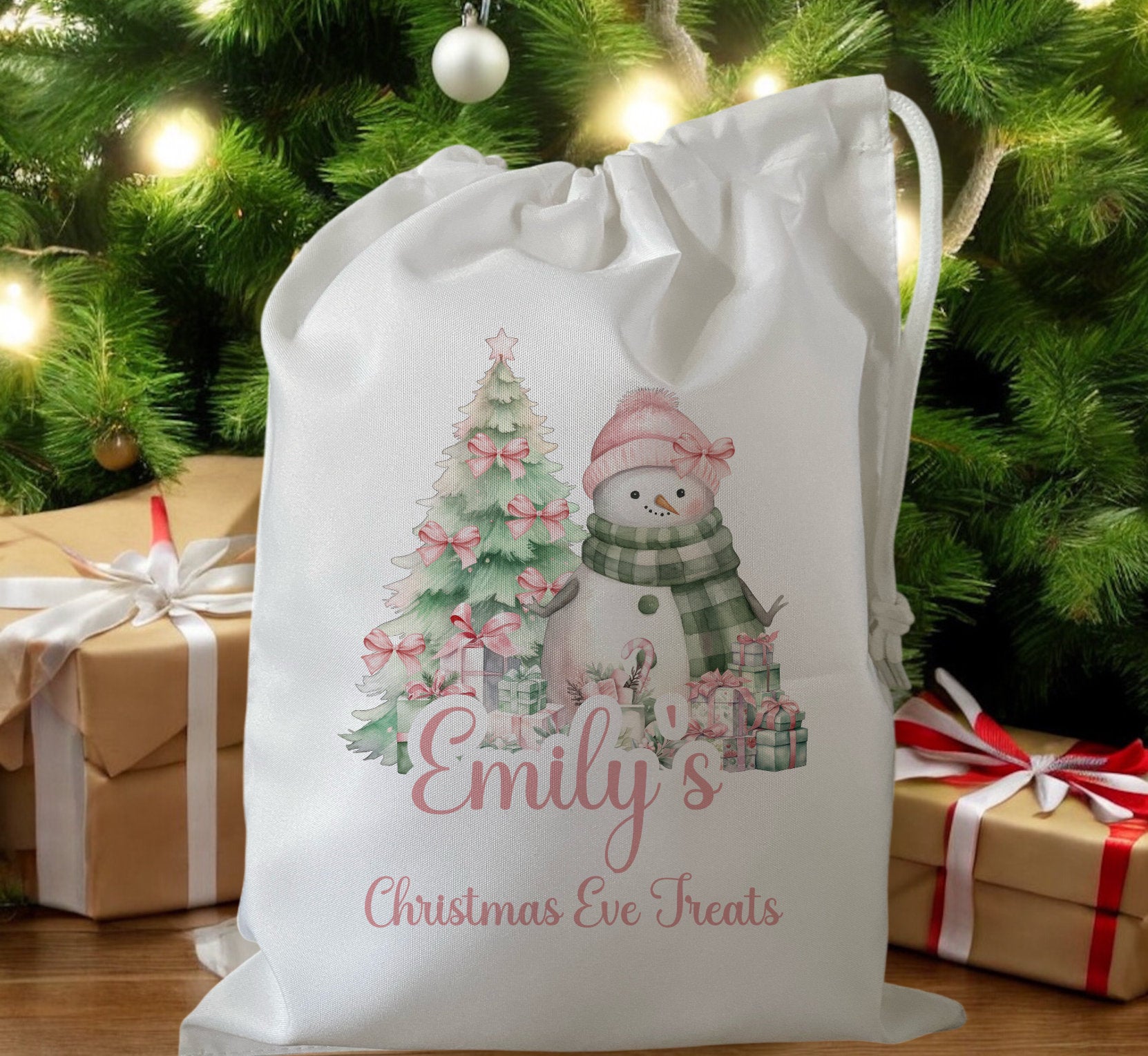 white drawstring personalised christmas eve treat bag for pjs, pyjamas, hot chocolate, treats and mug