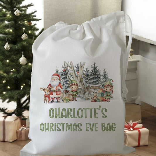 white drawstring personalised christmas eve treat bag for pjs, pyjamas, hot chocolate, treats and mug