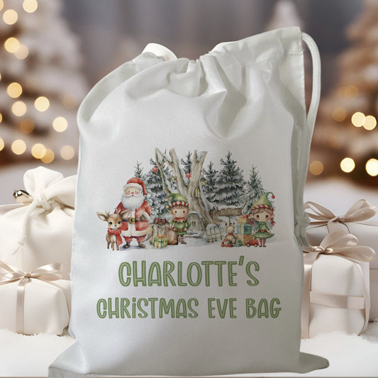 white drawstring personalised christmas eve treat bag for pjs, pyjamas, hot chocolate, treats and mug