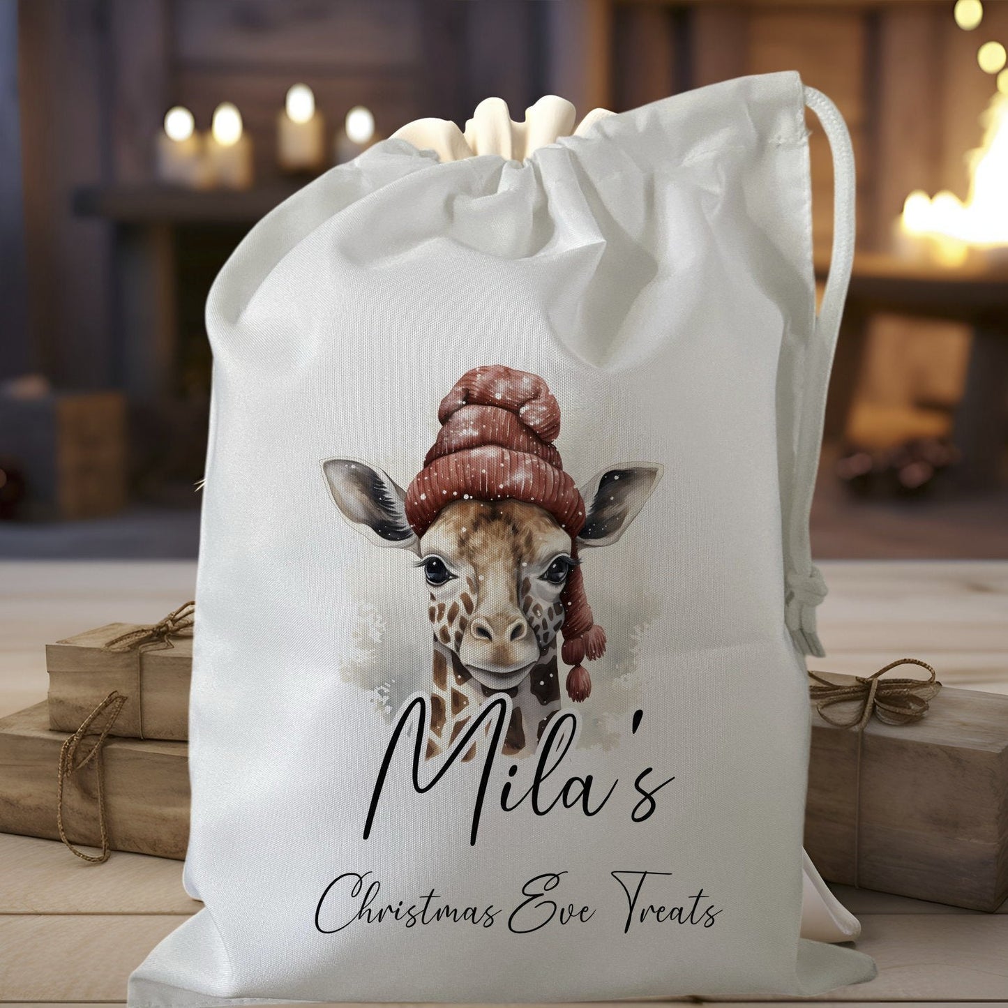 white drawstring personalised christmas eve treat bag for pjs, pyjamas, hot chocolate, treats and mug
