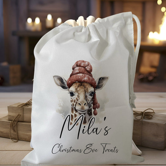 white drawstring personalised christmas eve treat bag for pjs, pyjamas, hot chocolate, treats and mug