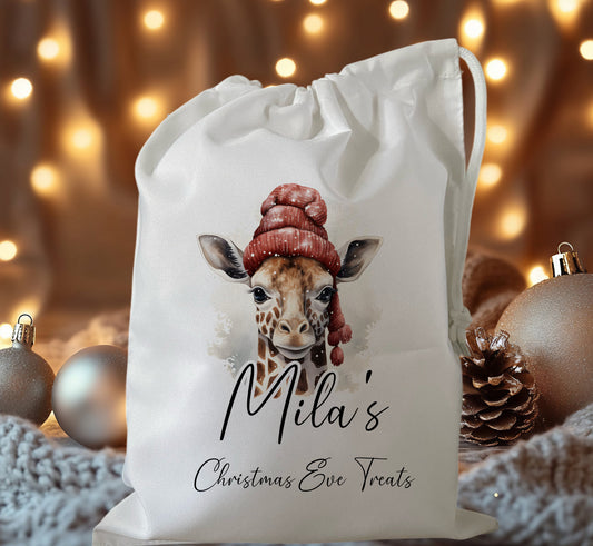 white drawstring personalised christmas eve treat bag for pjs, pyjamas, hot chocolate, treats and mug