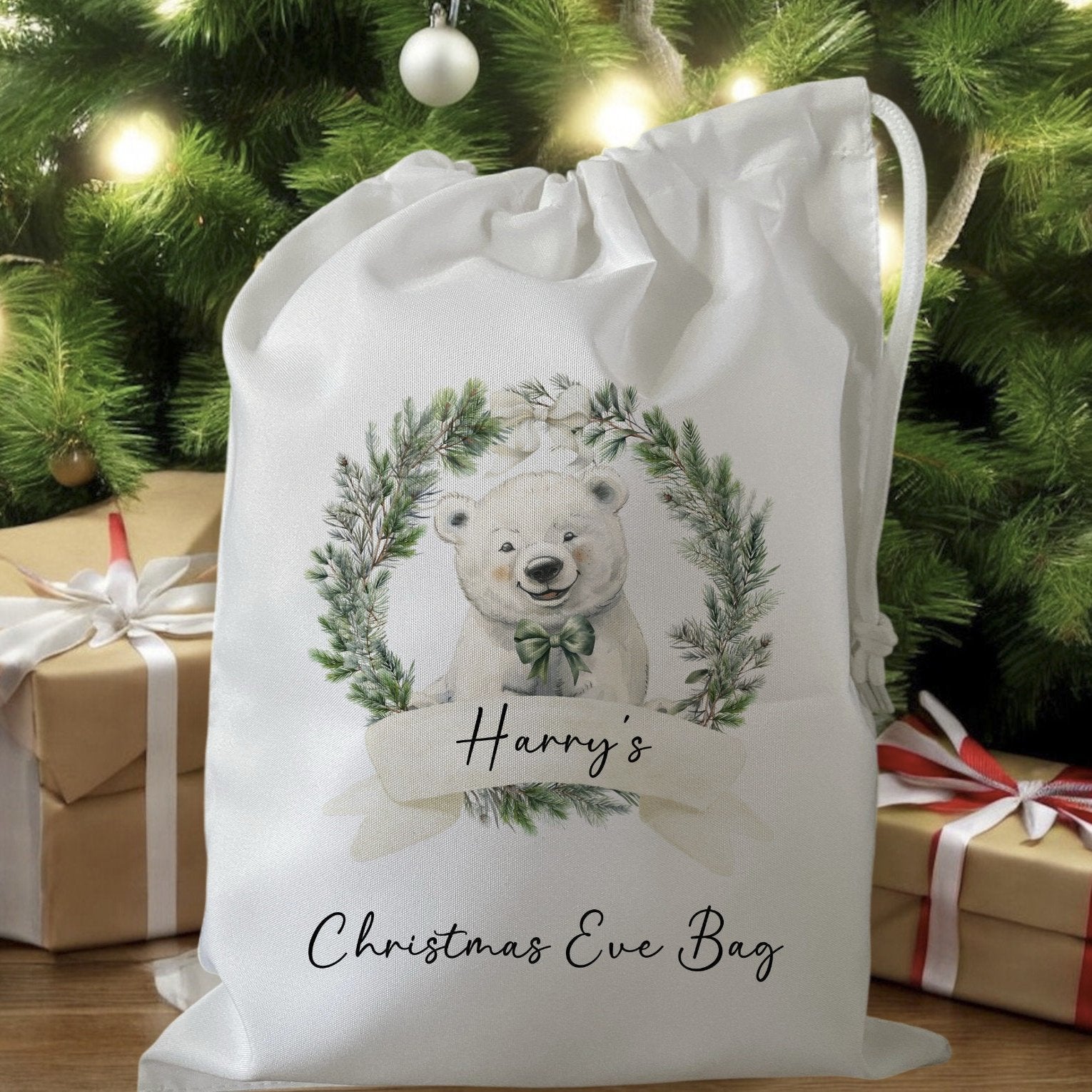 white drawstring personalised christmas eve treat bag for pjs, pyjamas, hot chocolate, treats and mug
