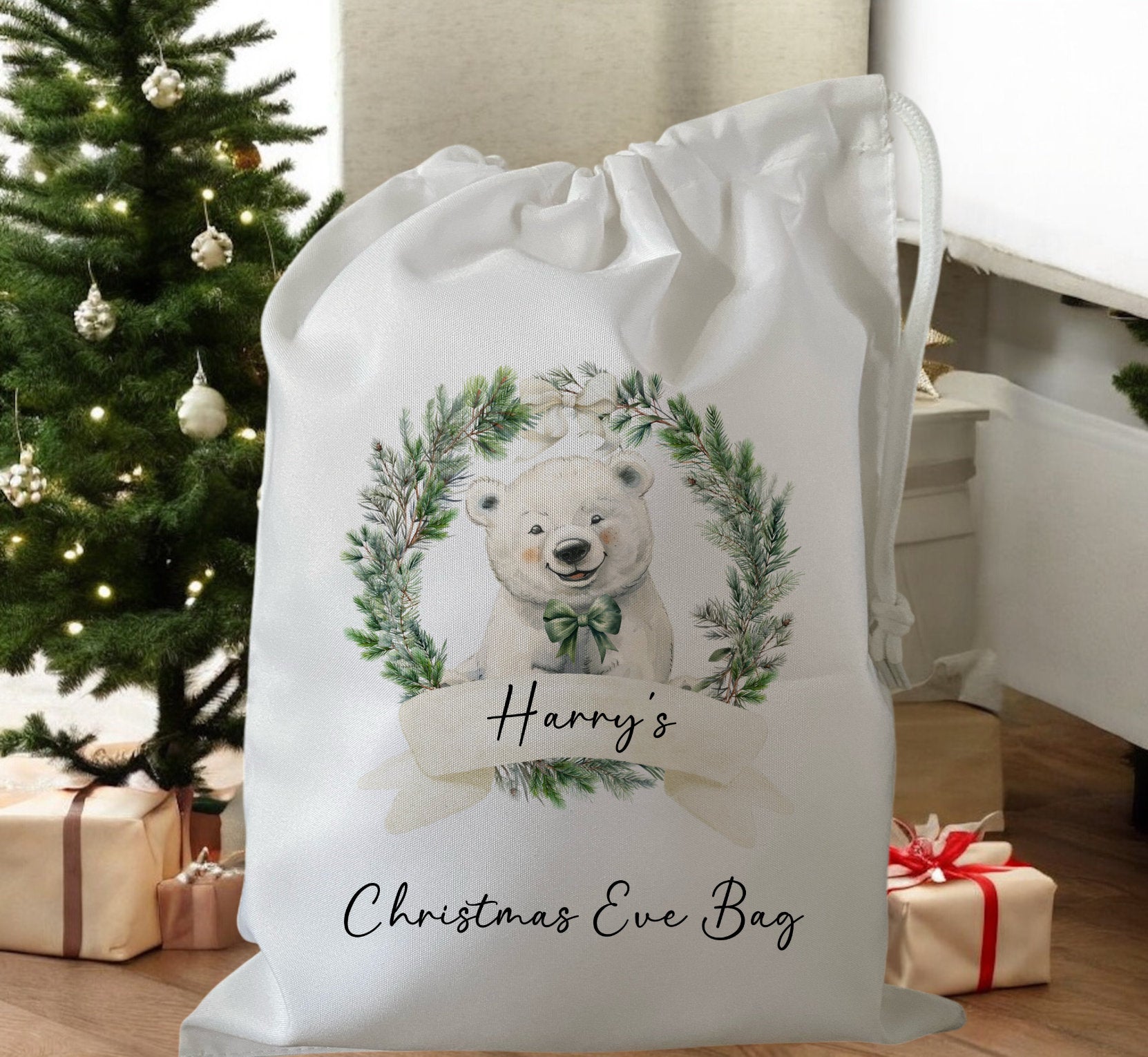white drawstring personalised christmas eve treat bag for pjs, pyjamas, hot chocolate, treats and mug