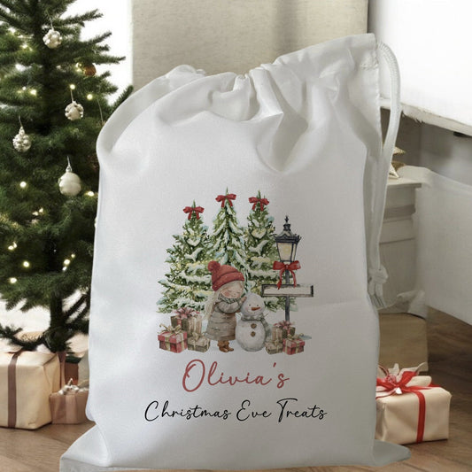 white drawstring personalised christmas eve treat bag for pjs, pyjamas, hot chocolate, treats and mug