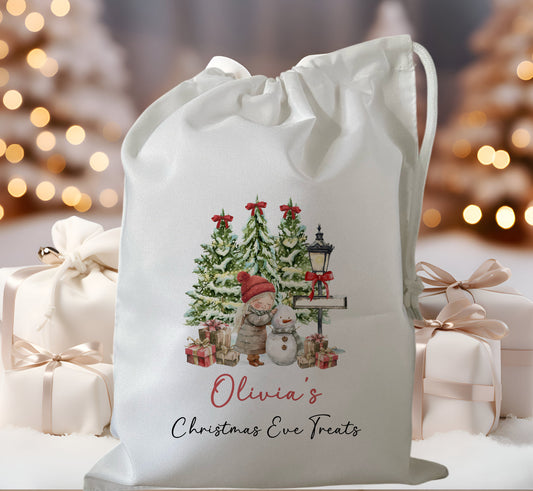 white drawstring personalised christmas eve treat bag for pjs, pyjamas, hot chocolate, treats and mug