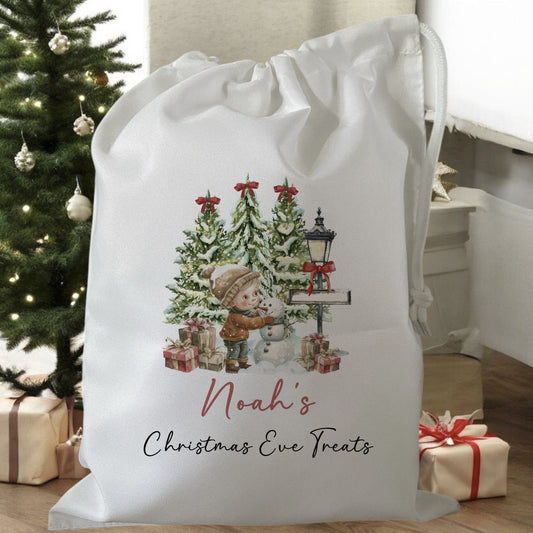 white drawstring personalised christmas eve treat bag for pjs, pyjamas, hot chocolate, treats and mug