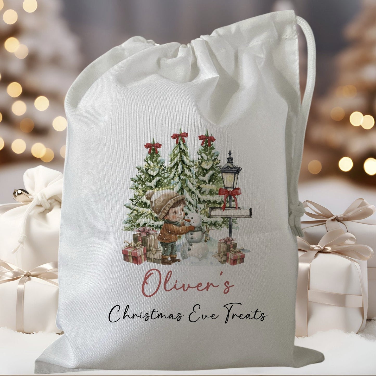 white drawstring personalised christmas eve treat bag for pjs, pyjamas, hot chocolate, treats and mug