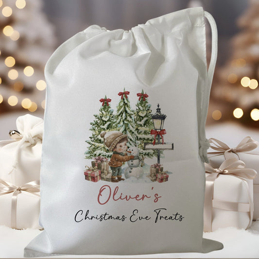 white drawstring personalised christmas eve treat bag for pjs, pyjamas, hot chocolate, treats and mug