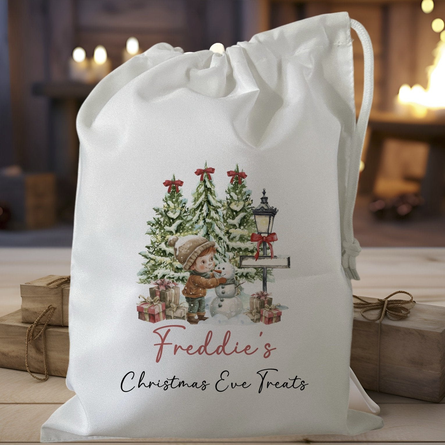 white drawstring personalised christmas eve treat bag for pjs, pyjamas, hot chocolate, treats and mug