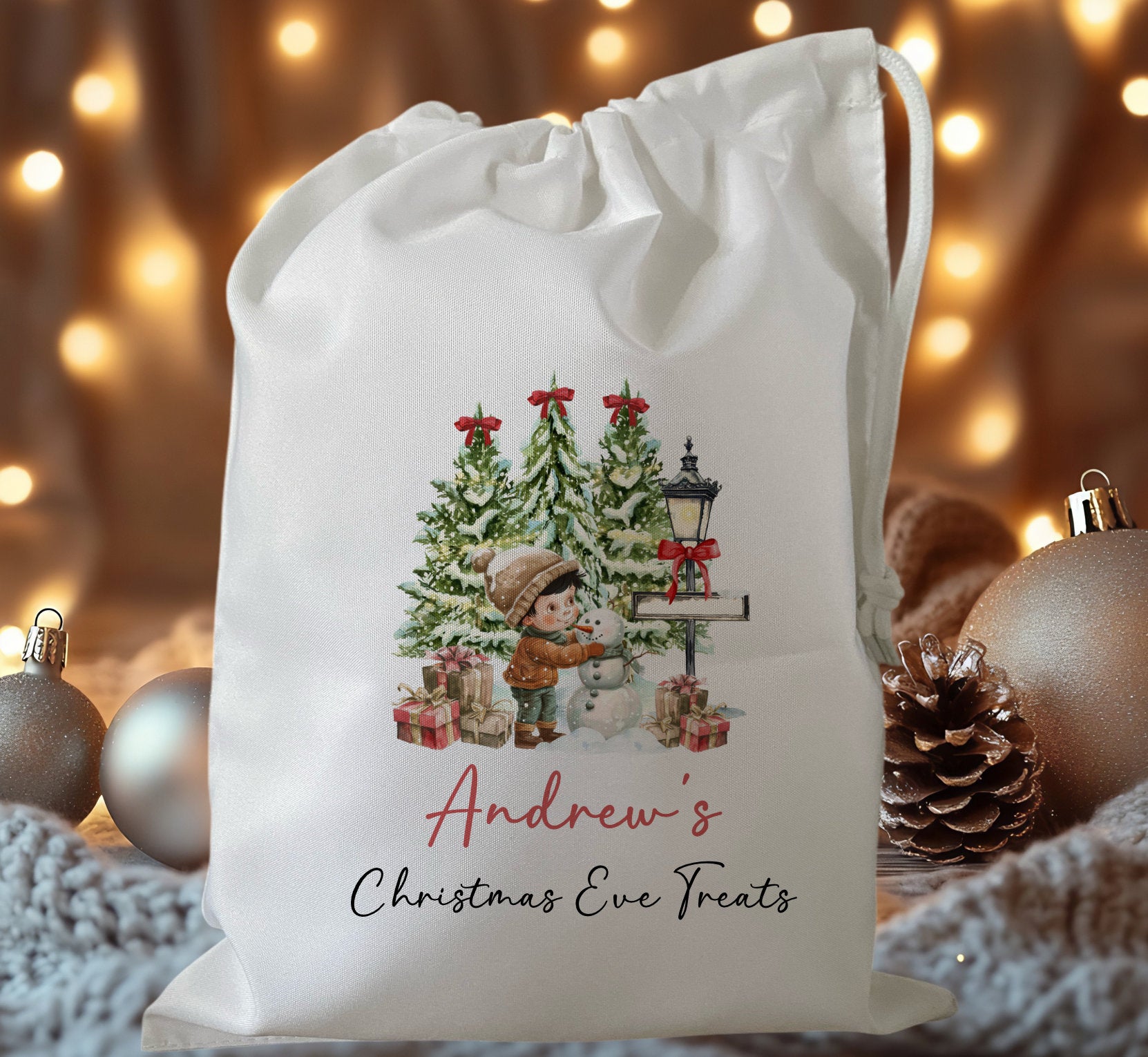 white drawstring personalised christmas eve treat bag for pjs, pyjamas, hot chocolate, treats and mug