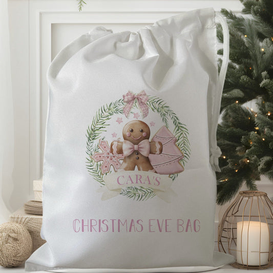 white drawstring personalised christmas eve treat bag for pjs, pyjamas, hot chocolate, treats and mug