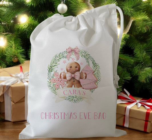 white drawstring personalised christmas eve treat bag for pjs, pyjamas, hot chocolate, treats and mug