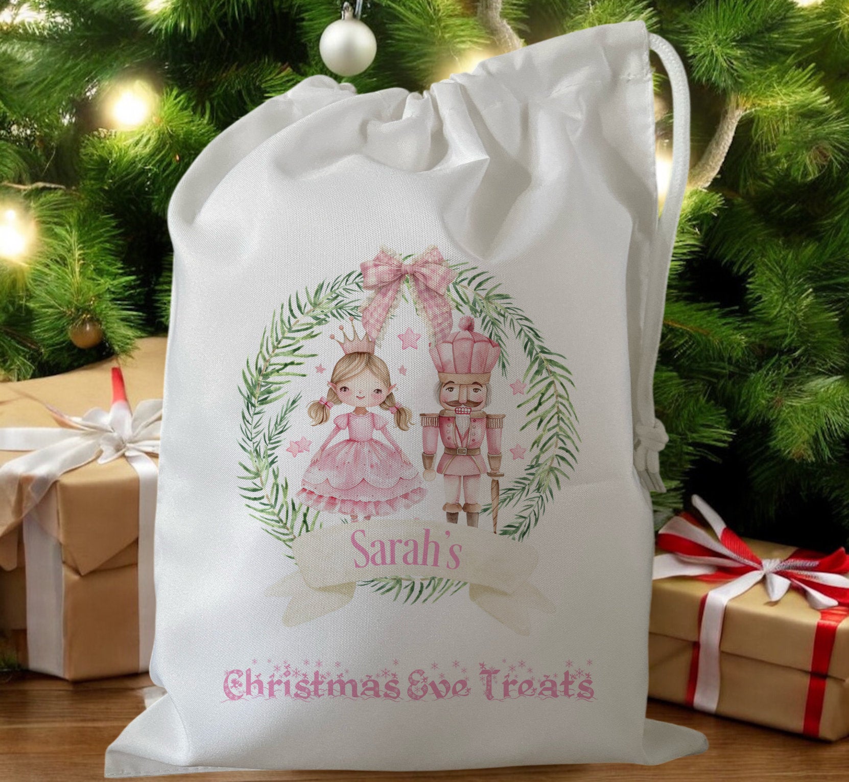 white drawstring personalised christmas eve treat bag for pjs, pyjamas, hot chocolate, treats and mug