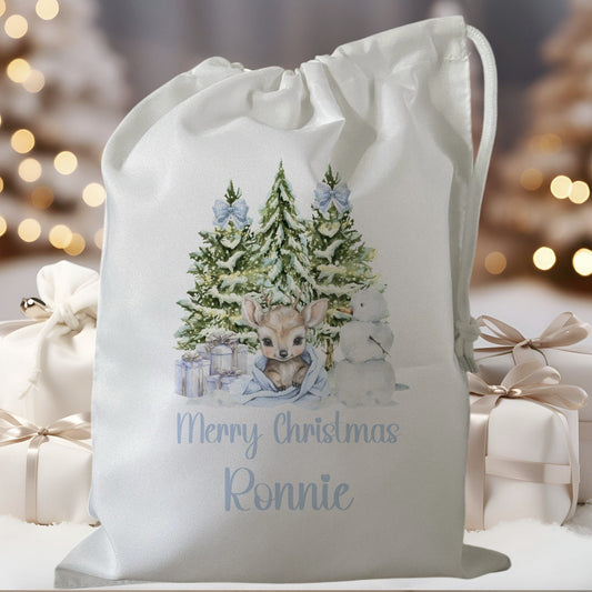 white drawstring personalised christmas eve treat bag for pjs, pyjamas, hot chocolate, treats and mug