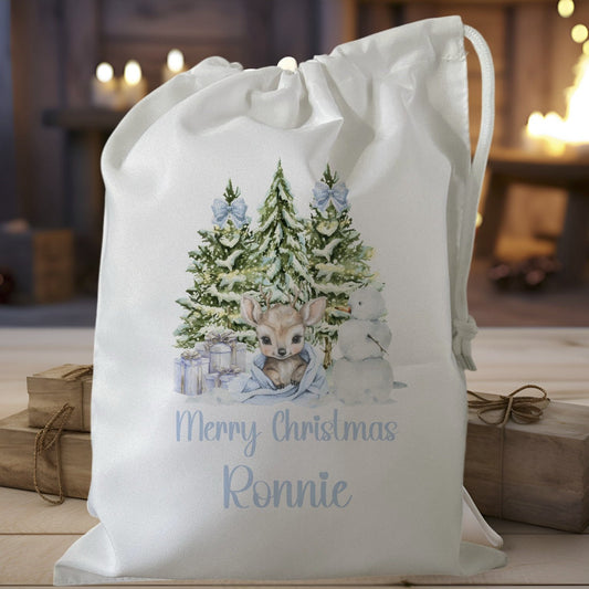 white drawstring personalised christmas eve treat bag for pjs, pyjamas, hot chocolate, treats and mug