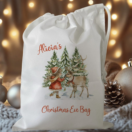 white drawstring personalised christmas eve treat bag for pjs, pyjamas, hot chocolate, treats and mug