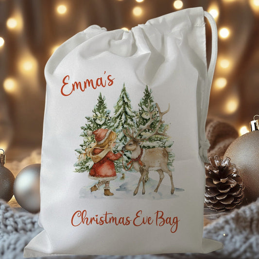white drawstring personalised christmas eve treat bag for pjs, pyjamas, hot chocolate, treats and mug