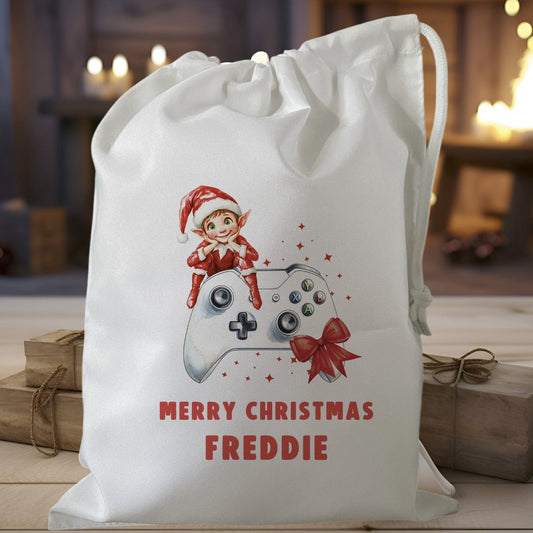 white drawstring personalised christmas eve treat bag for pjs, pyjamas, hot chocolate, treats and mug