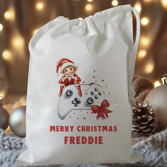 white drawstring personalised christmas eve treat bag for pjs, pyjamas, hot chocolate, treats and mug