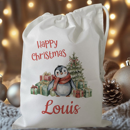 white drawstring personalised christmas eve treat bag for pjs, pyjamas, hot chocolate, treats and mug