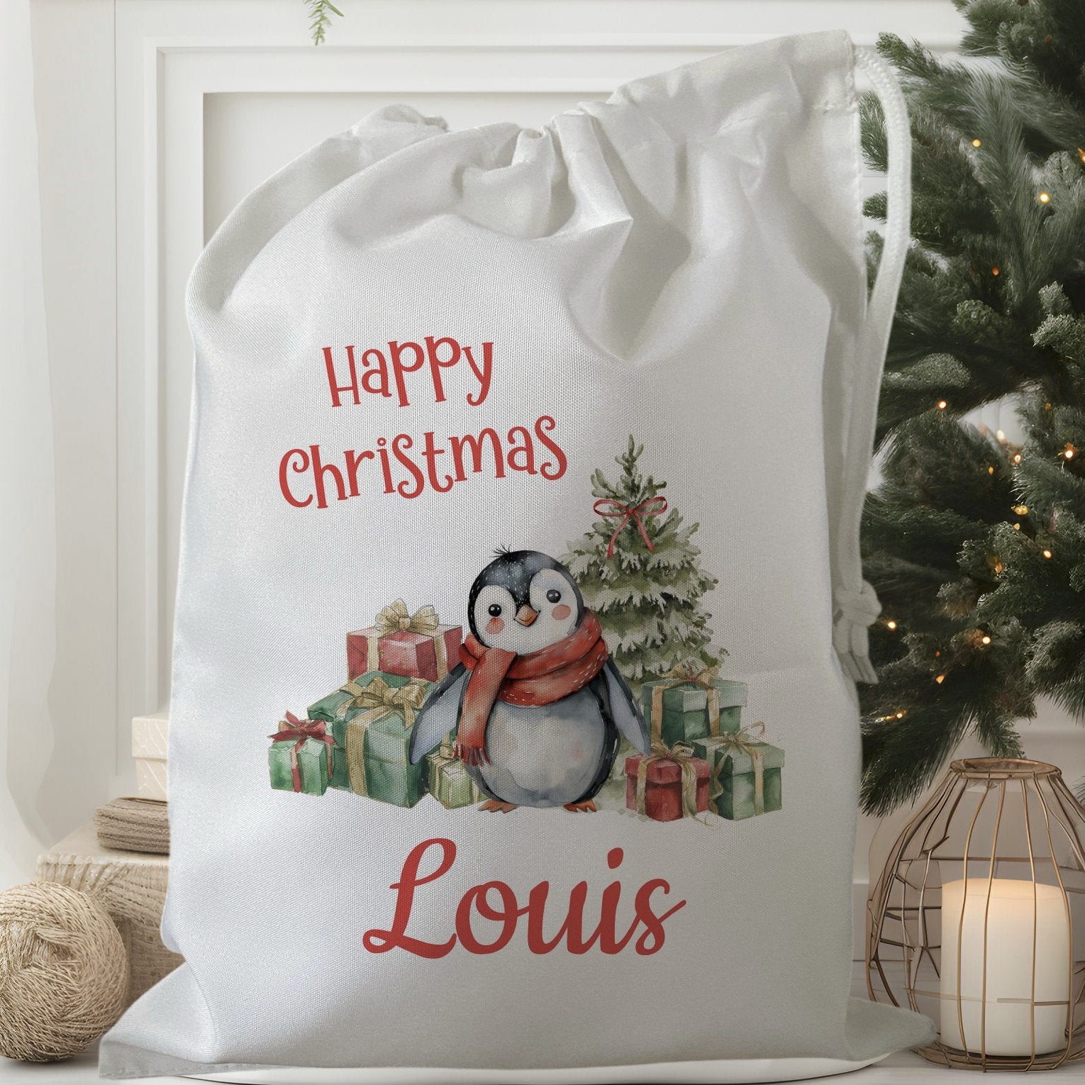 white drawstring personalised christmas eve treat bag for pjs, pyjamas, hot chocolate, treats and mug
