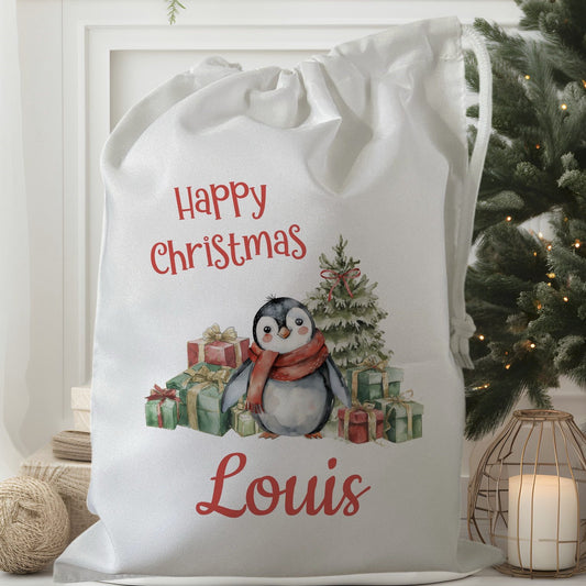 white drawstring personalised christmas eve treat bag for pjs, pyjamas, hot chocolate, treats and mug