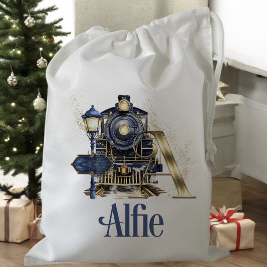 white drawstring personalised christmas eve treat bag for pjs, pyjamas, hot chocolate, treats and mug
