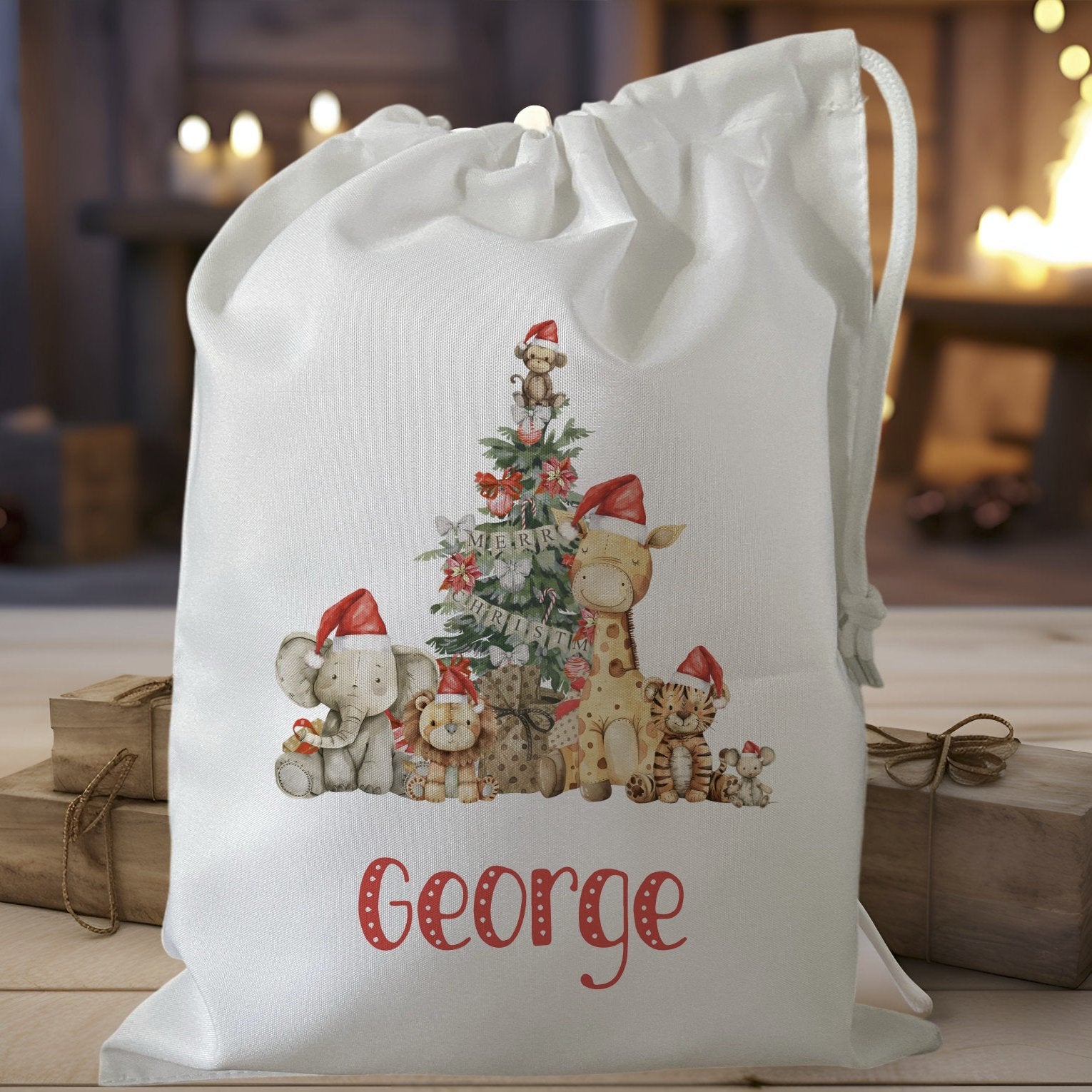 white drawstring personalised christmas eve treat bag for pjs, pyjamas, hot chocolate, treats and mug