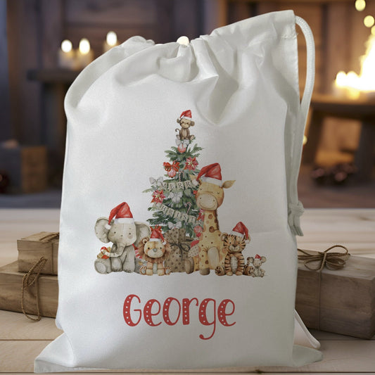 white drawstring personalised christmas eve treat bag for pjs, pyjamas, hot chocolate, treats and mug