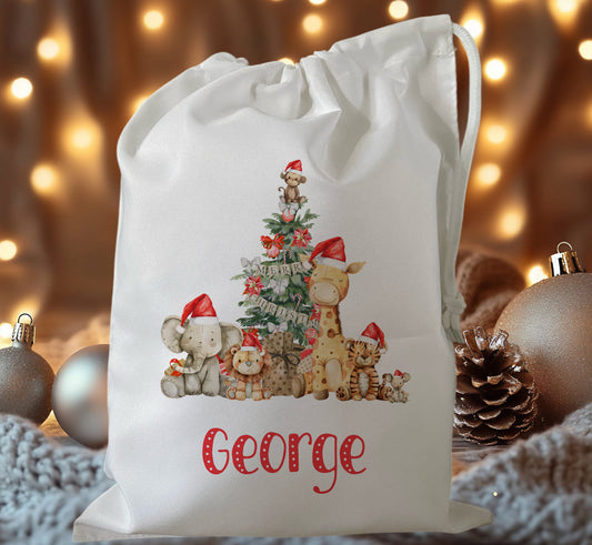 white drawstring personalised christmas eve treat bag for pjs, pyjamas, hot chocolate, treats and mug
