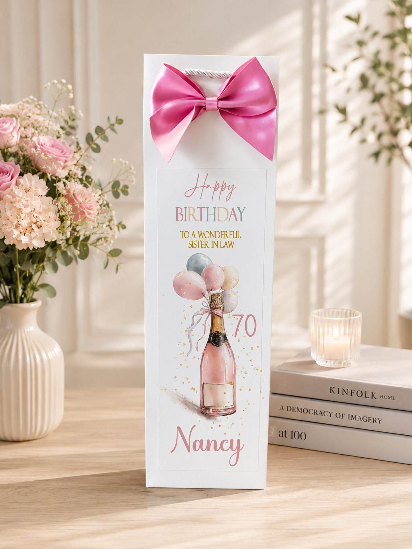 Large A4 Female Birthday Card Champagne Balloons Bottle