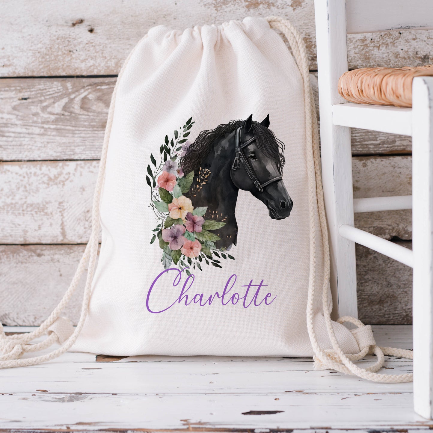 Personalised Black Horse Drawstring Bag