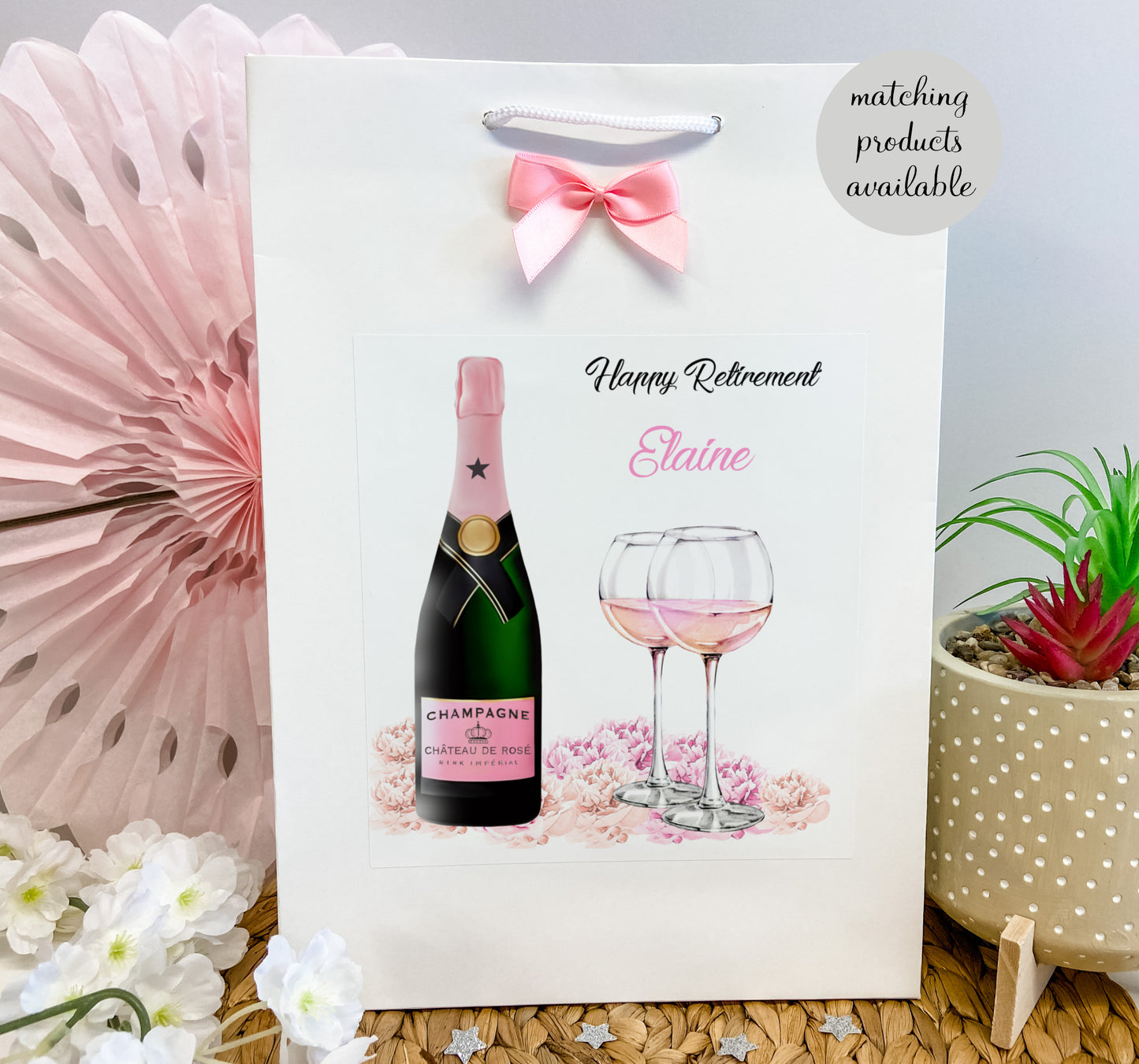Large A4 Personalised Retirement Card Pink Floral Champagne