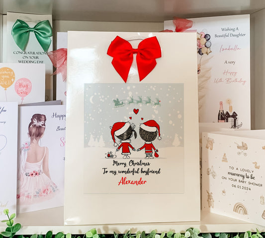 Personalised Christmas Gift Bag, Cute Couple Boy Girl, Snow Scene, Gift Bag For Partner