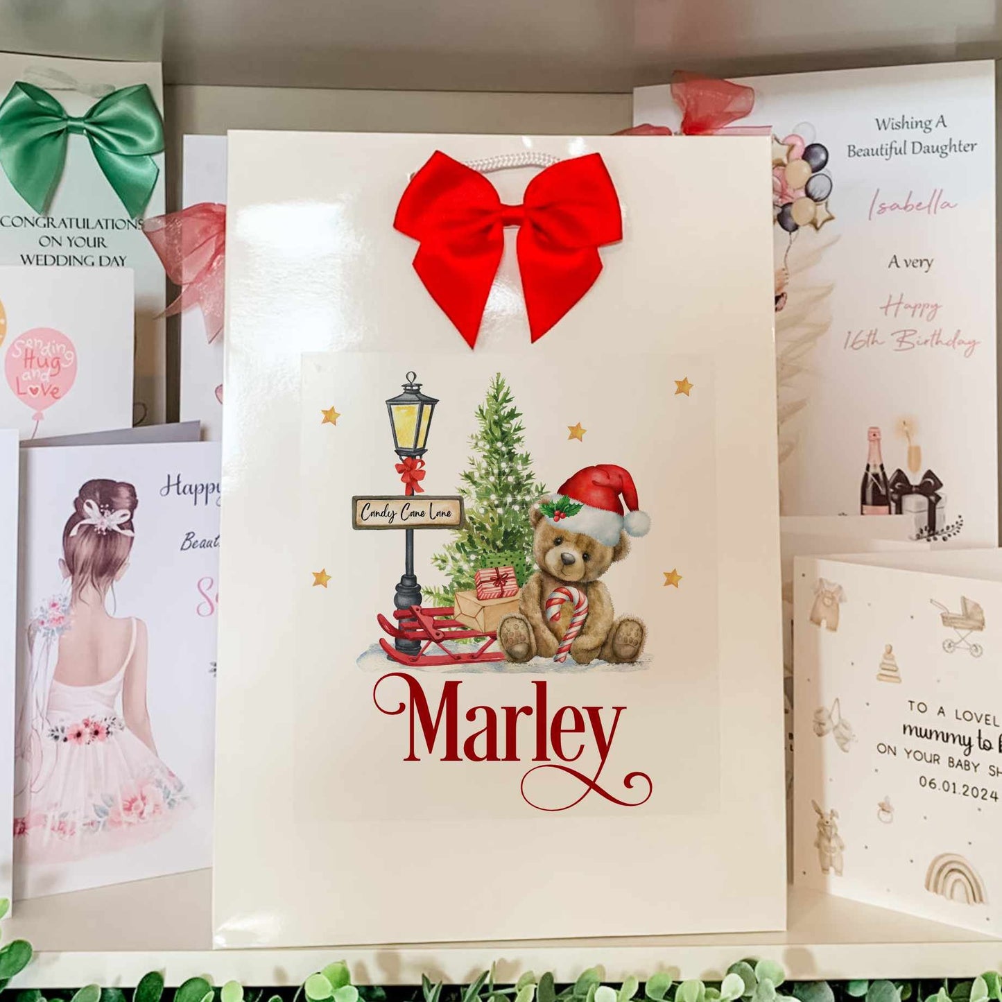 personalised gift bag for christmas, for child, teddy bear  design with red bow.