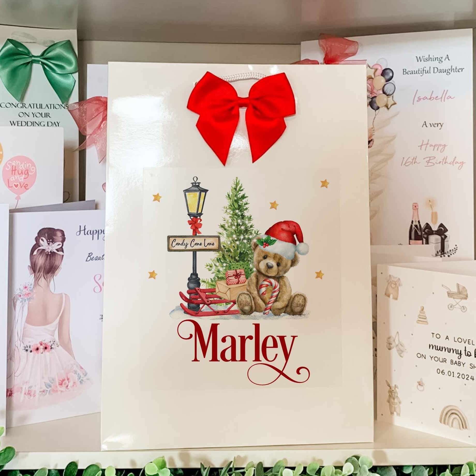 personalised gift bag for christmas, for child, teddy bear  design with red bow.