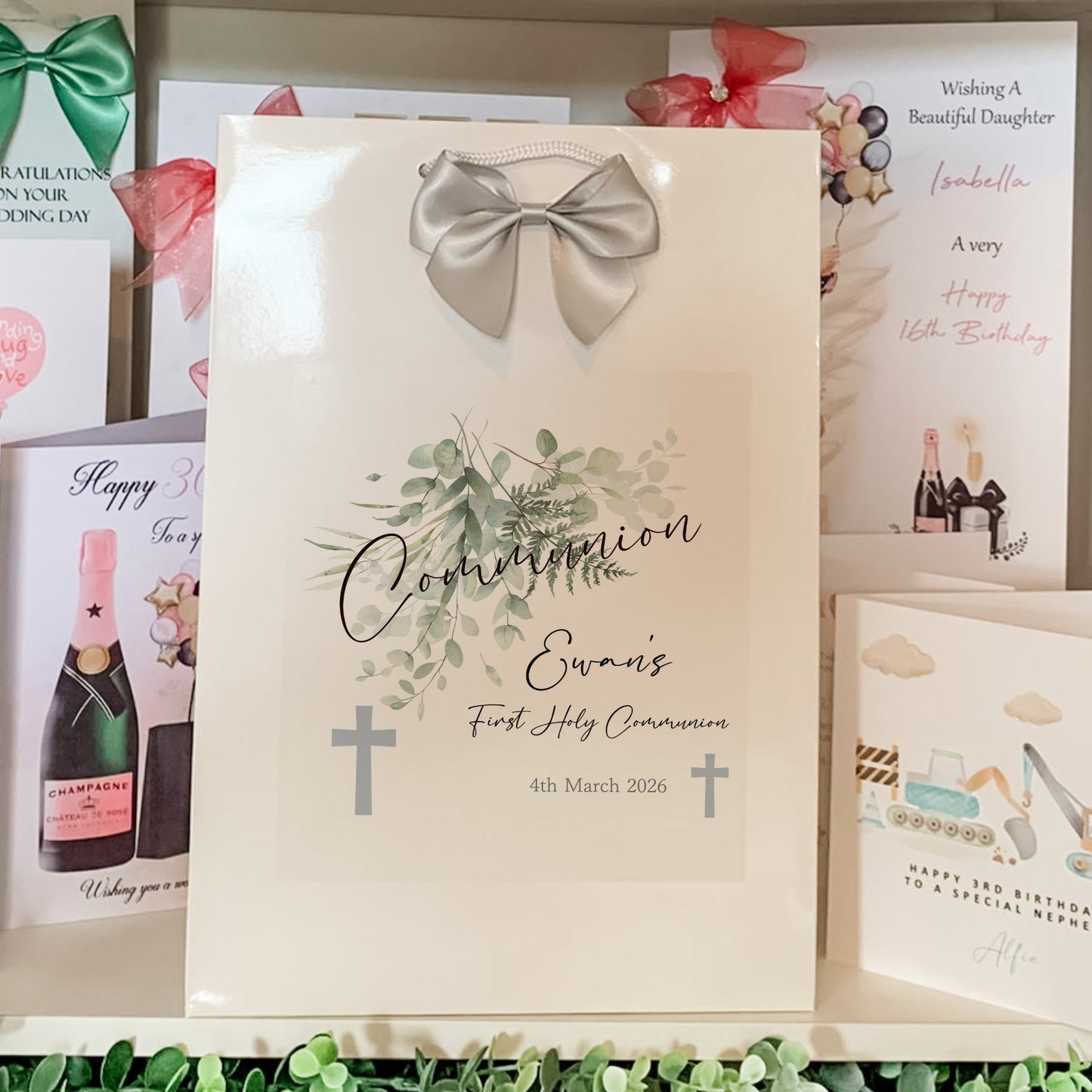 First Holy Communion Gift Bag, Grey Cross Green Floral