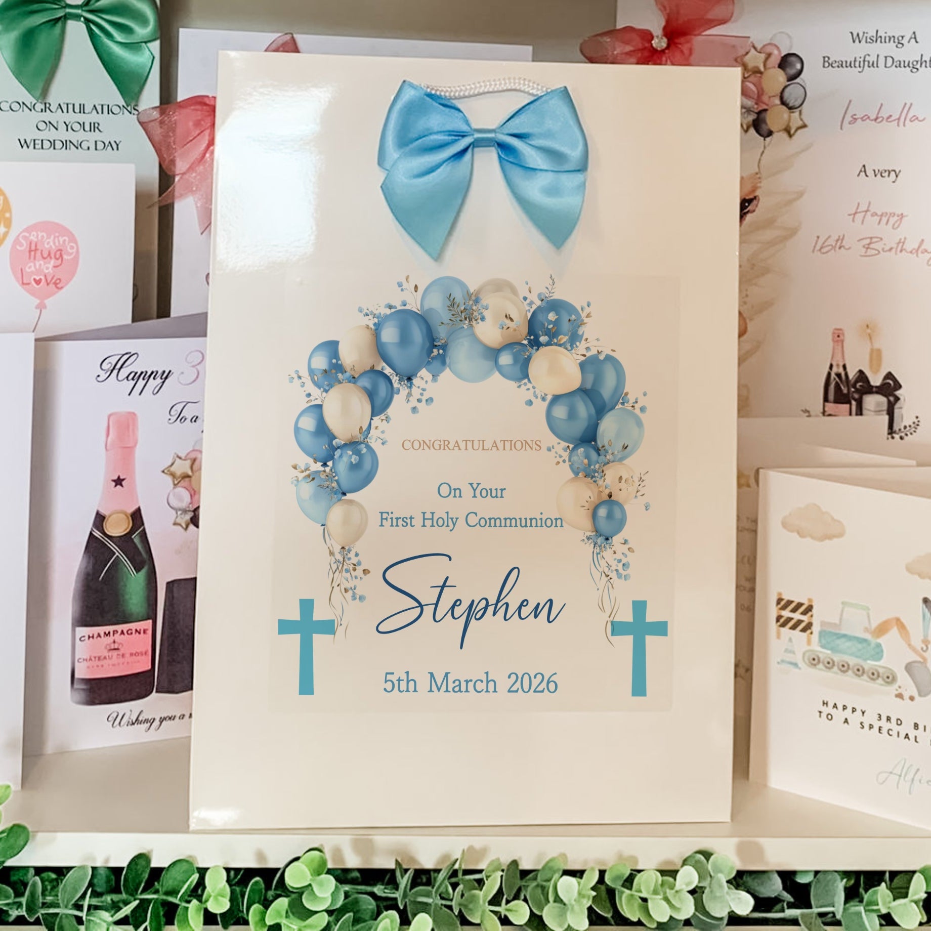 First Holy Communion Gift Bag, Blue Balloon Arch - Blossom Lane Cards ...