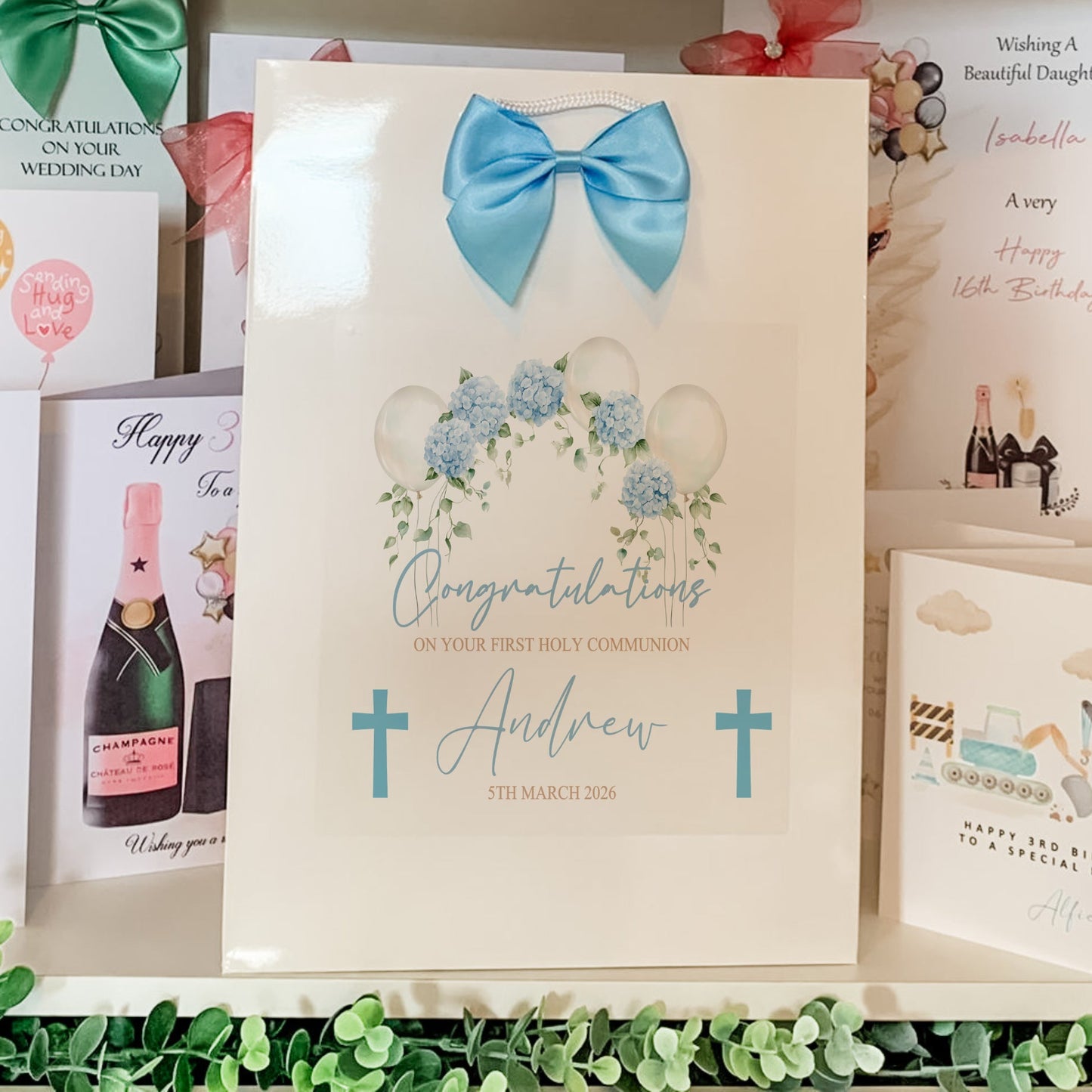First Holy Communion Gift Bag, Blue Floral Balloon Arch