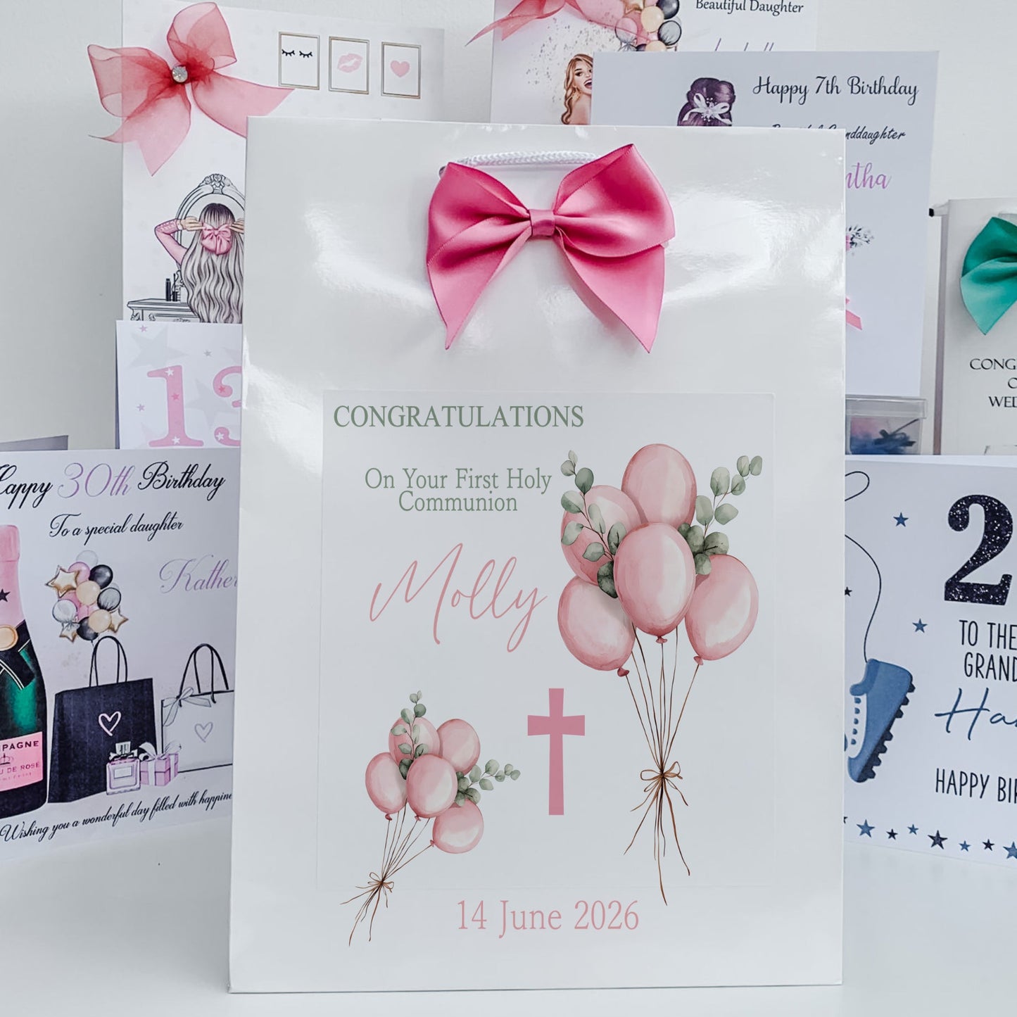 First Holy Communion Gift Bag, Pink Floral Balloon