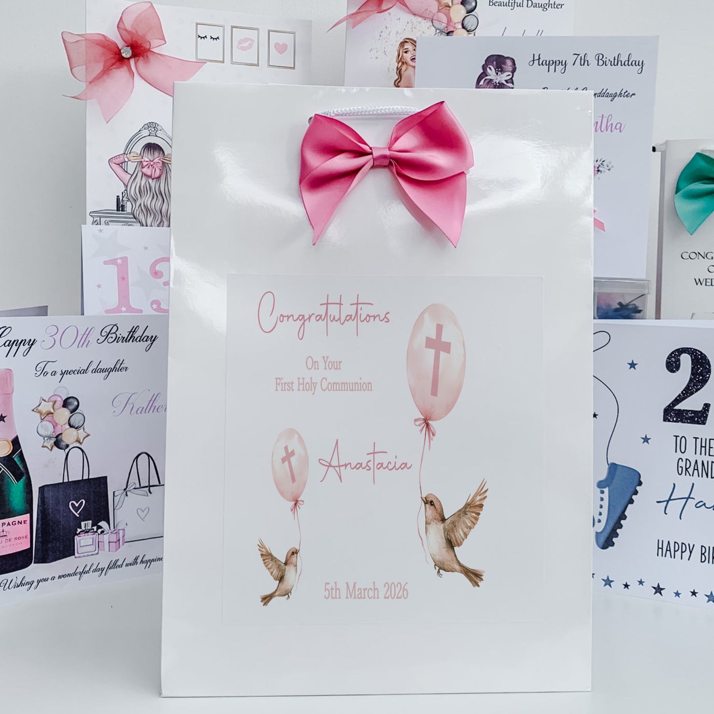 First Holy Communion Gift Bag, Pink Balloon Birds Design