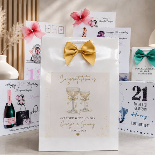 A styled collection of personalized wedding and birthday gift bags and cards on a tabletop. The central focus is a white gift bag with a large gold bow and a printed label featuring two champagne glasses and the text 'Congratulations on your wedding day George & Sammy 15.