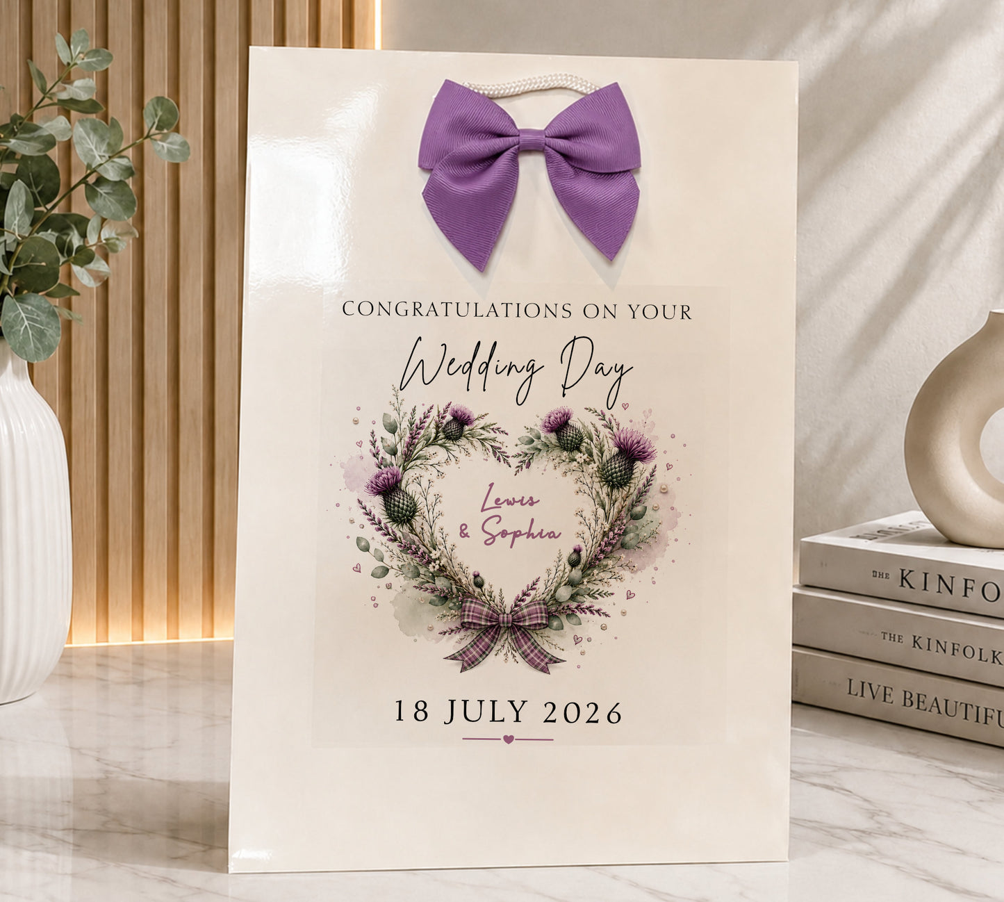 Large A4 Personalised Wedding Card – Scottish Thistle Heart Design