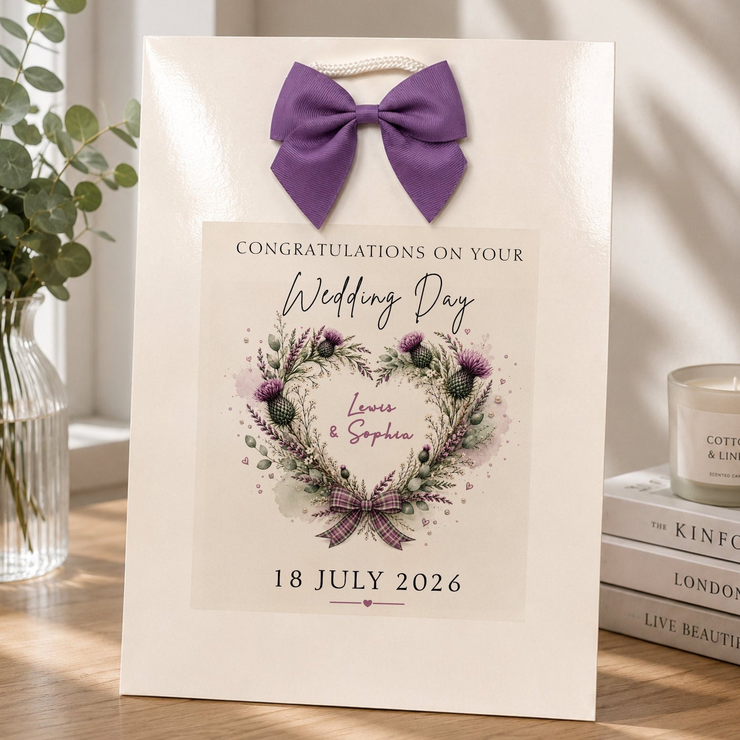 Wedding Day Gift Bag, Custom Personalised Scottish Thistle Heart, Luxury Gift Bags