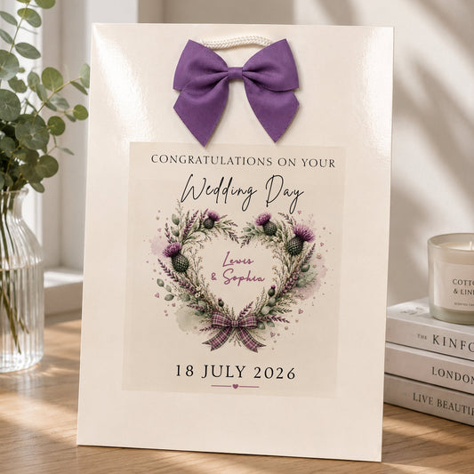Wedding Day Gift Bag, Custom Personalised Scottish Thistle Heart, Luxury Gift Bags